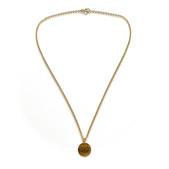 Timeless 18ct gold plated sterling silver necklace featuring a historic 1895 British three pence coin
