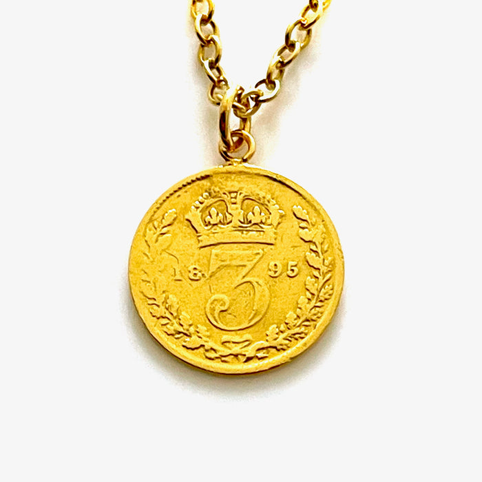 Elegant 1895 Victorian British three pence coin pendant on 18ct gold plated sterling silver necklace