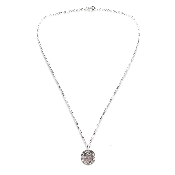 Chic sterling silver necklace featuring a historic 1896 British three pence coin
