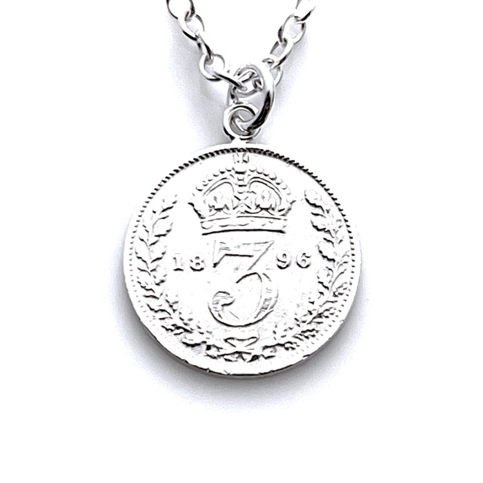 Stunning 1896 Victorian British three pence coin pendant with sterling silver necklace