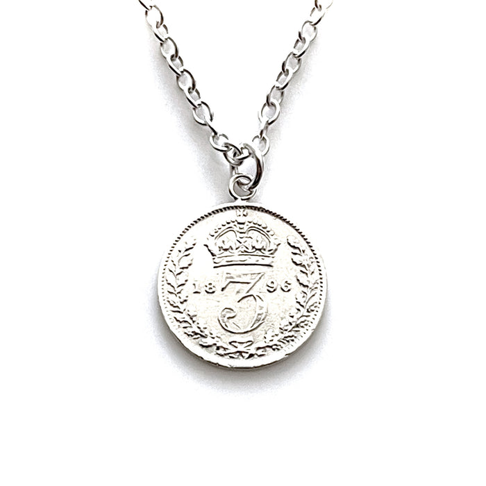 Genuine 1896 Victorian three pence coin pendant combined with a stylish sterling silver chain