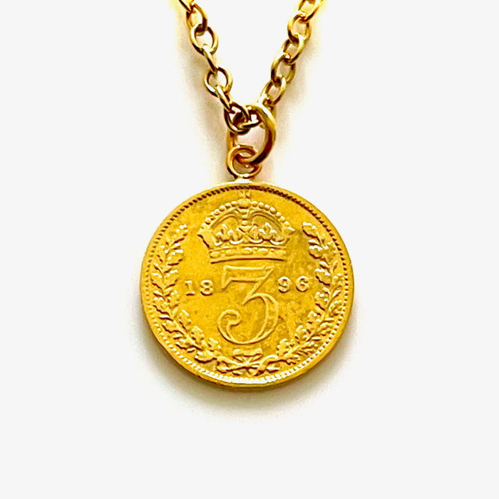 Genuine 1896 Victorian three pence coin pendant with a stunning 18ct gold plated sterling silver chain