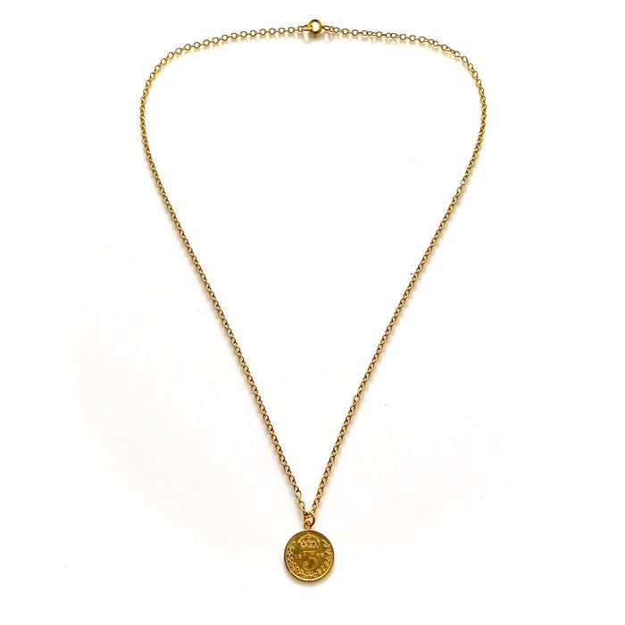 Timeless 18ct gold plated sterling silver necklace featuring a historic 1896 British three pence coin