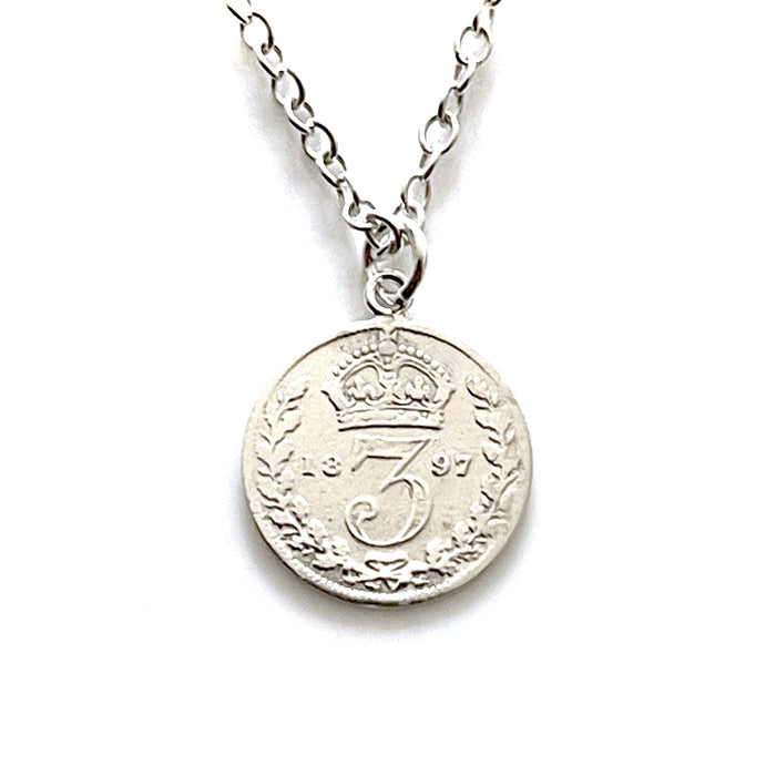 Genuine 1897 Victorian three pence coin pendant paired with a stylish sterling silver chain