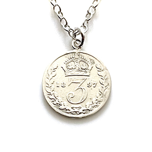 Elegant 1897 Victorian British three pence coin pendant with sterling silver necklace