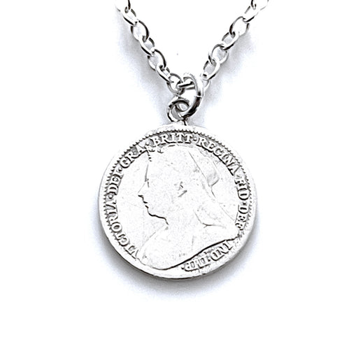 Authentic 1897 British coin necklace in sterling silver, exuding Old World charm