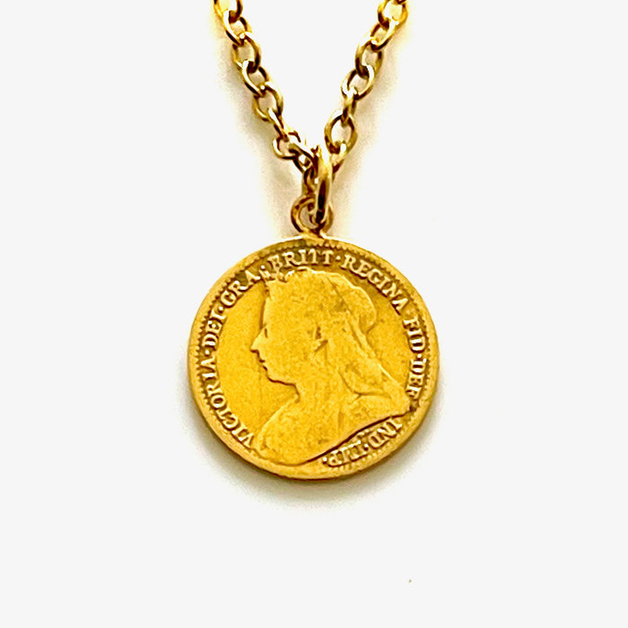 Authentic 1897 British coin necklace in 18ct gold plated sterling silver, reflecting Old Money refinement