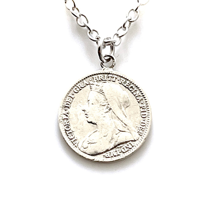 Authentic 1898 British coin necklace in sterling silver, radiating Old World charm
