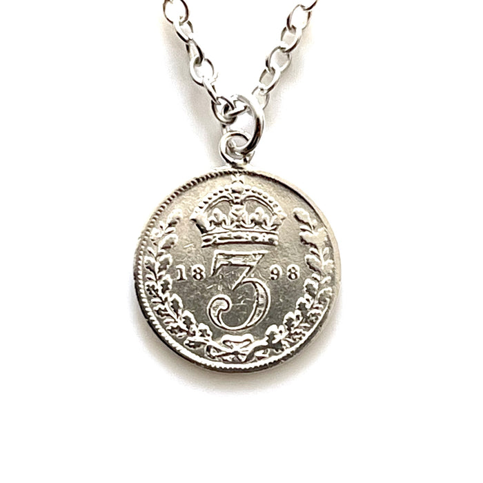 Elegant 1898 Victorian British three pence coin pendant with sterling silver necklace