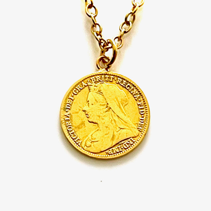 Authentic 1898 British coin necklace in 18ct gold plated sterling silver, reflecting Old Money sophistication