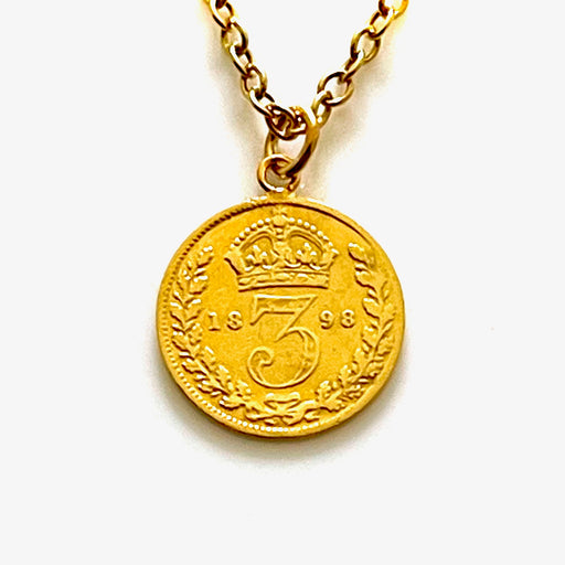 Elegant 1898 Victorian British three pence coin pendant on 18ct gold plated sterling silver necklace