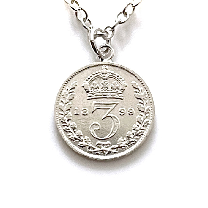 Elegant 1899 Victorian British three pence coin pendant with sterling silver necklace