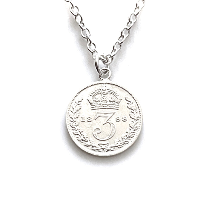 Genuine 1899 Victorian three pence coin pendant combined with a stylish sterling silver chain