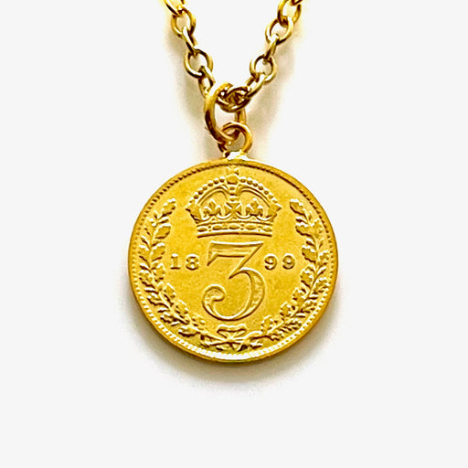 Luxurious 1899 Victorian British three pence coin pendant on 18ct gold plated sterling silver necklace