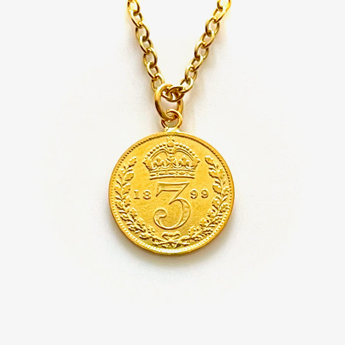 Genuine 1899 Victorian three pence coin pendant with a stunning 18ct gold plated sterling silver chain