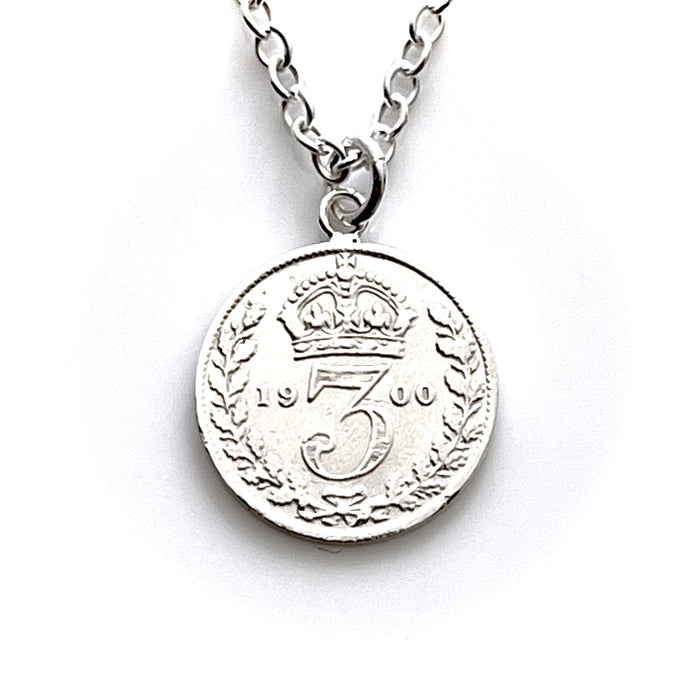 1900 Victorian Threepence Coin Necklace on white background