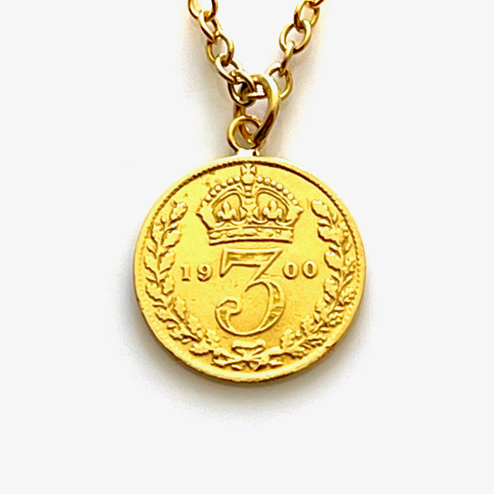 18ct Gold Plated 1900 Threepence Coin Necklace with sterling silver chain