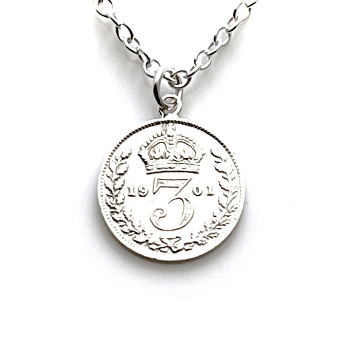 1901 Victorian Sterling Silver Threepence Coin Necklace on white background
