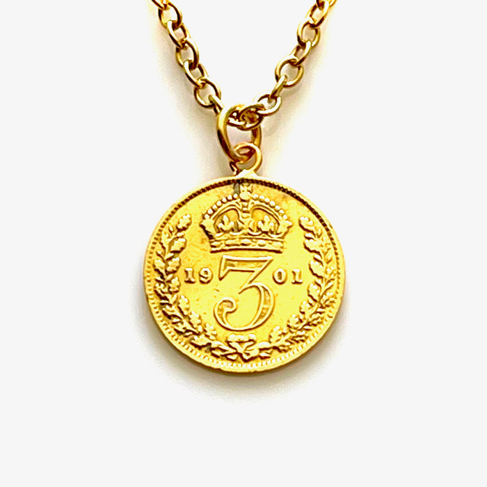 1901 Victorian Threepence Coin Necklace with 18ct gold plated sterling silver chain