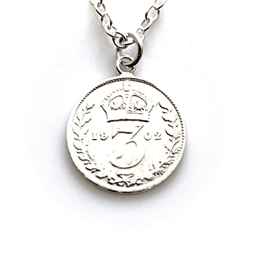 1902 British Threepence Coin Necklace with Sterling Silver Chain