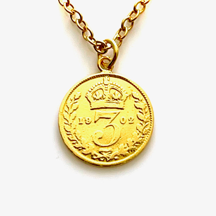 1902 Threepence Coin Necklace with 18ct gold plated sterling silver chain