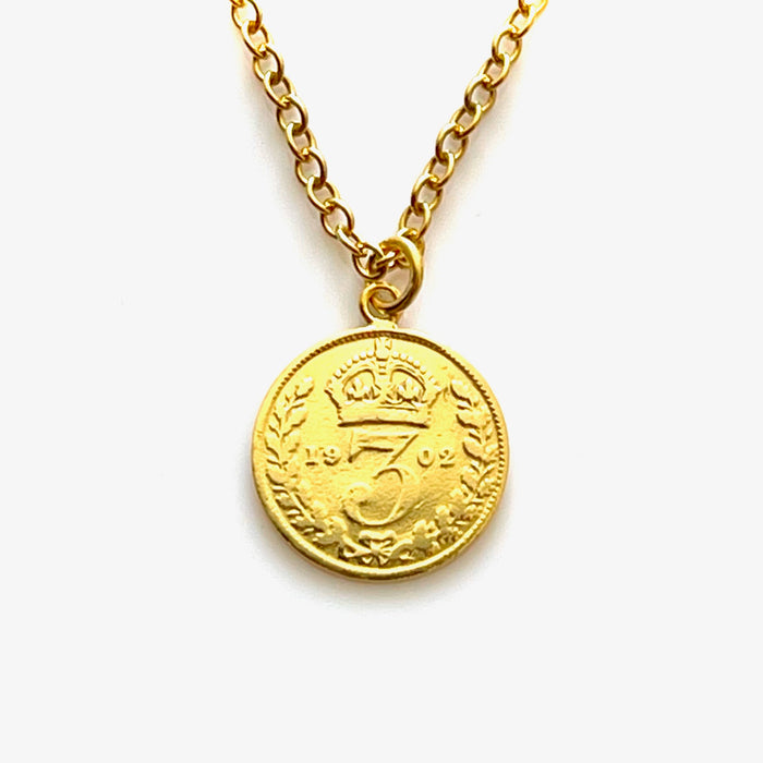 Roberts & Co elegant 1902 threepence gold plated coin necklace