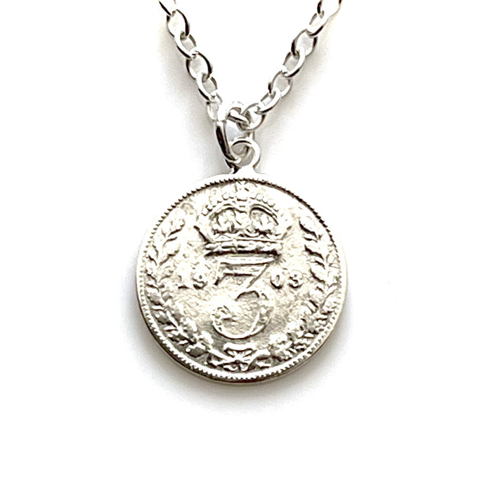 1903 British Sterling Silver Threepence Coin Necklace with Bail