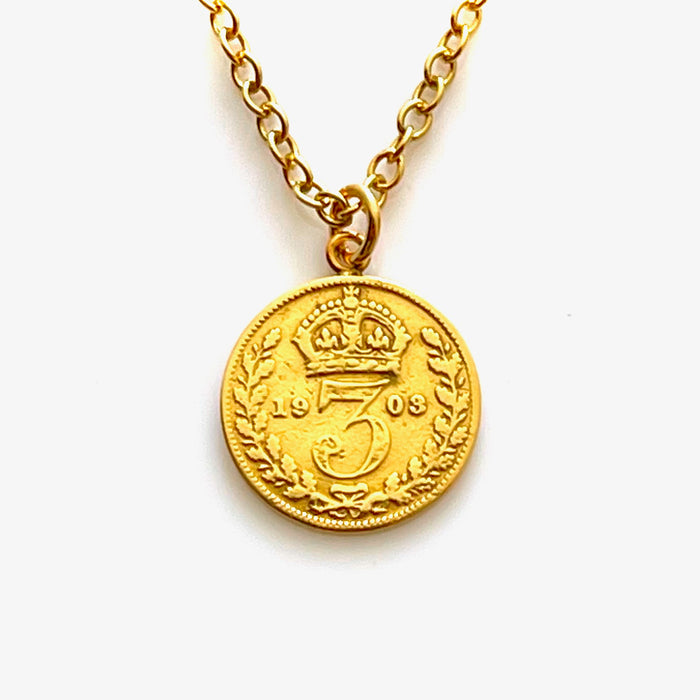 18ct gold plated 1903 British three pence coin necklace by Roberts & Co