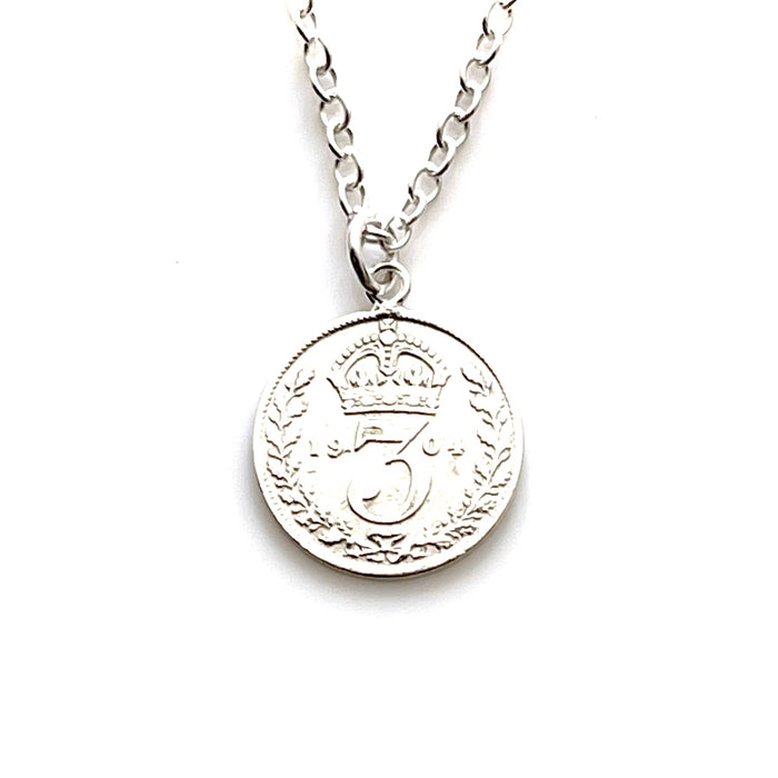 Vintage-inspired 1904 silver threepence coin necklace