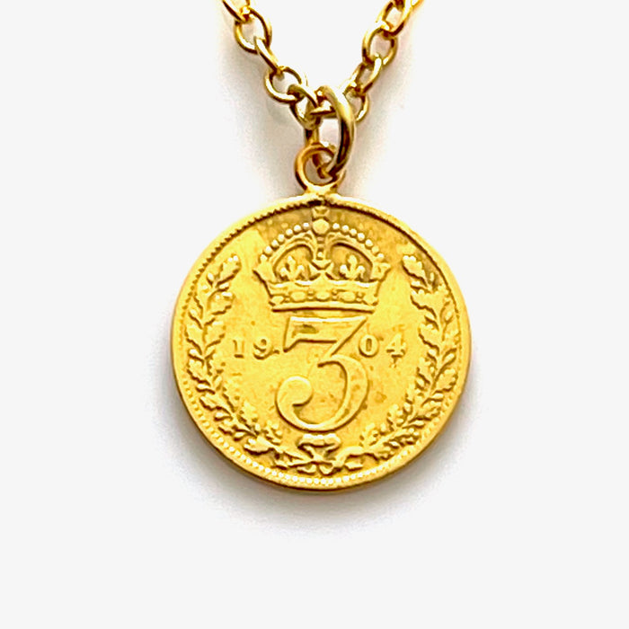 1904 Old Money British Three Pence Gold Plated Necklace Vintage Elegance Roberts Co