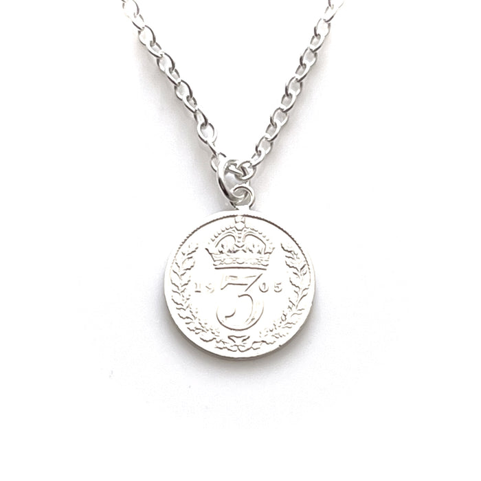 Vintage 1905 sterling silver threepence coin necklace
