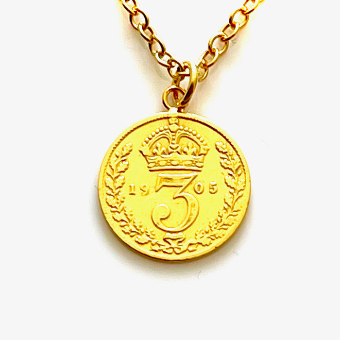18ct gold plated 1905 old money British three pence coin necklace by Roberts & Co