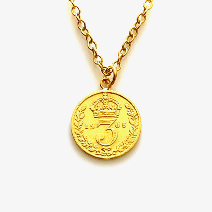 Timeless 1905 old money British coin necklace in 18ct gold plated sterling silver