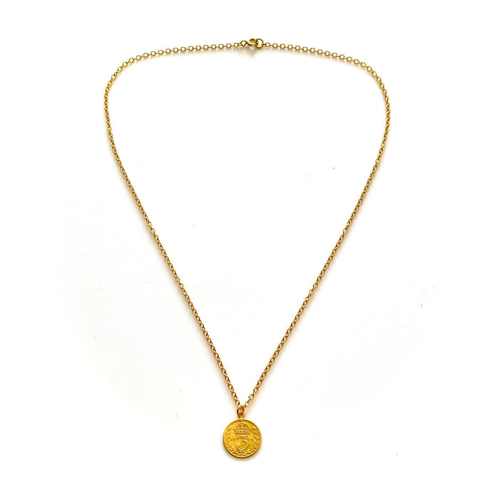 Roberts & Co vintage 1906 gold vermeil threepence coin necklace presented in an elegant gift bag