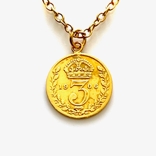 Vintage 1906 British three pence coin necklace in 18ct gold vermeil by Roberts & Co
