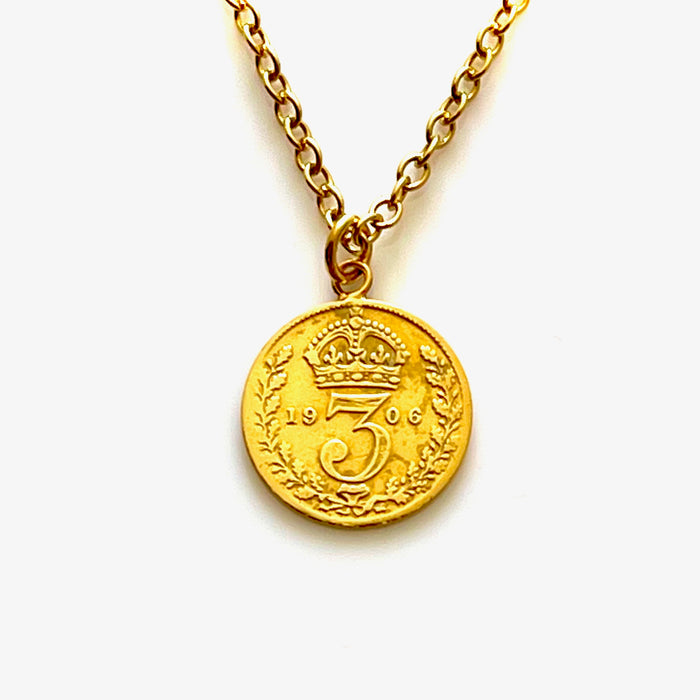 Stylish 1906 antique British coin necklace in 18ct gold vermeil sterling silver