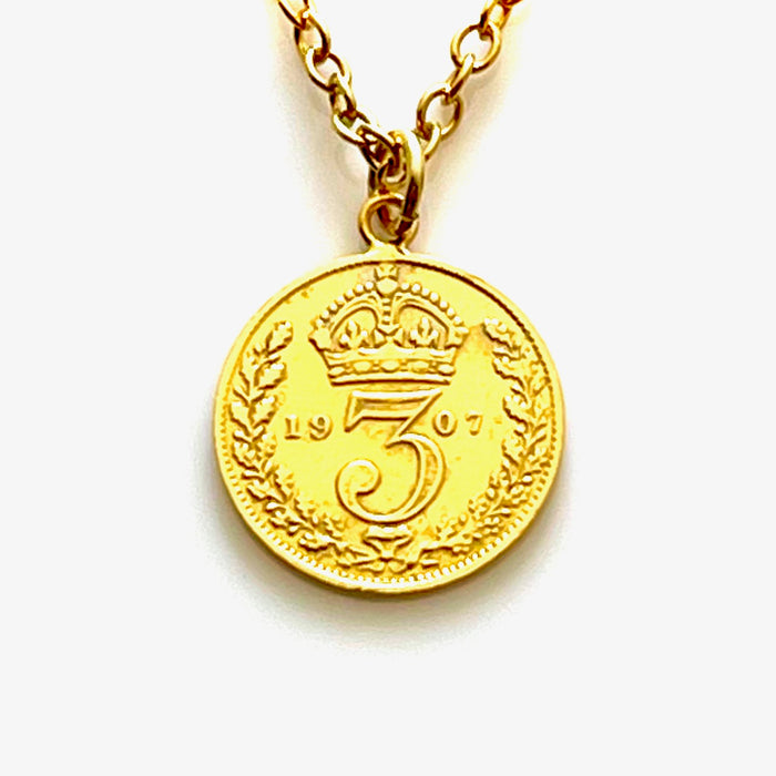 1907 British Three Pence Gold Plated Coin Necklace by Roberts & Co
