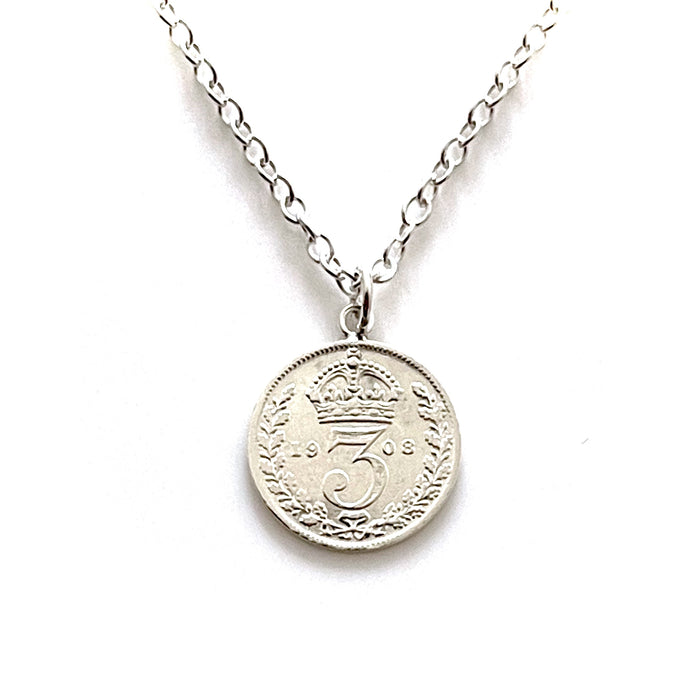 Elegant 1908 Sterling Silver Vintage Pendant featuring a Genuine Three Pence Coin