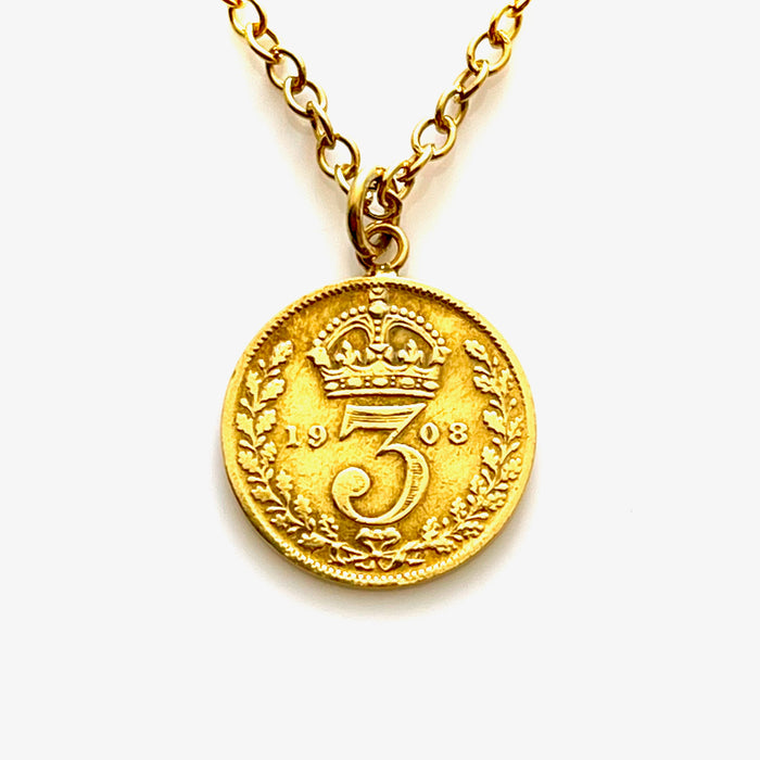 1908 British Three Pence Gold Plated Coin Necklace by Roberts & Co