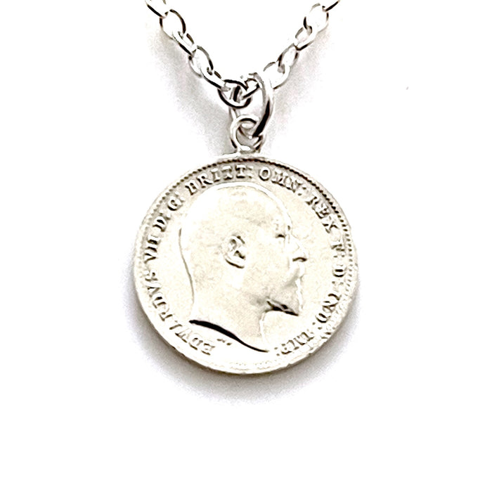 Authentic 1909 British Silver Threepence Coin Pendant with Sterling Silver Chain