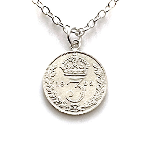 Antique 1909 British Silver Threepence Coin Necklace in Sterling Silver by Roberts & Co