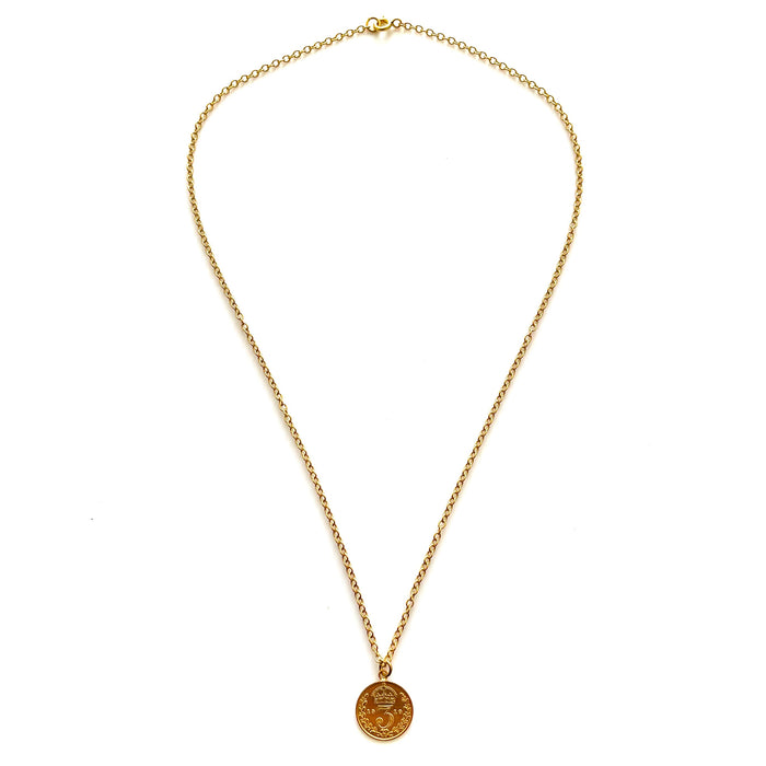 Vintage 1910 Three Pence Coin Necklace with Gold Plating