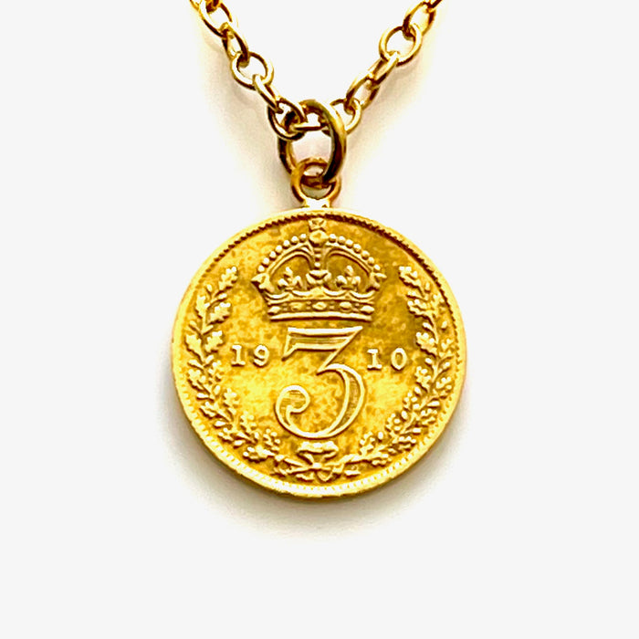 1910 British Three Pence Gold Plated Coin Necklace by Roberts & Co