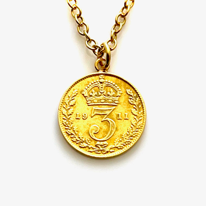 1911 British Three Pence Gold Plated Coin Necklace by Roberts & Co