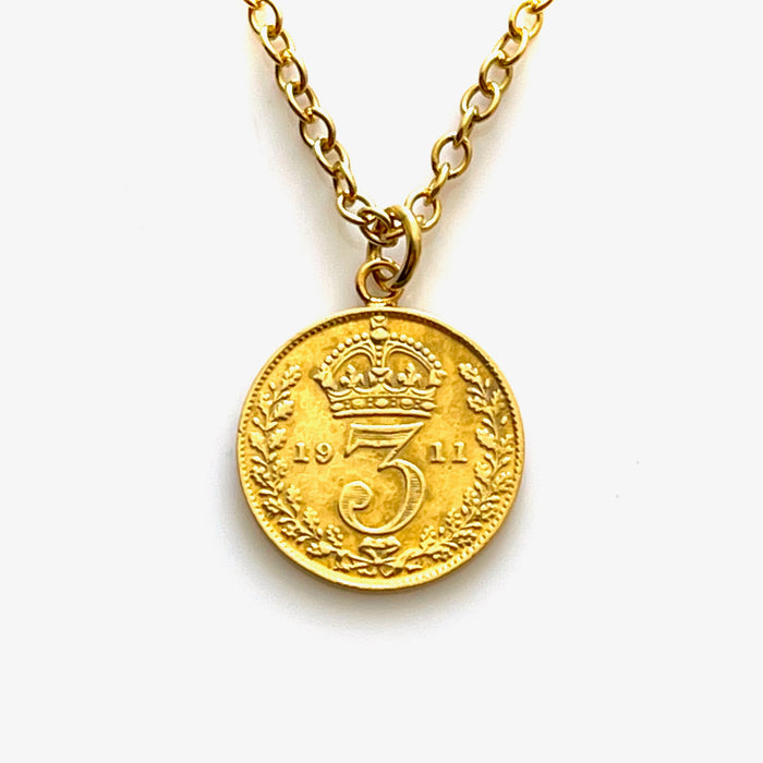 Roberts & Co Gold Plated 1911 Three Pence Coin Pendant