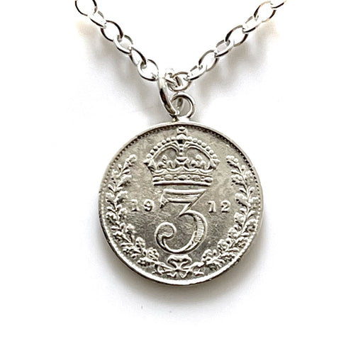 Antique 1912 British Three Pence Coin Necklace in Sterling Silver