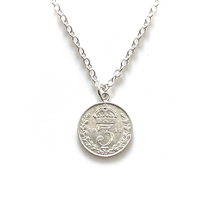 1912 Sterling Silver Vintage Pendant with British Three Pence Coin