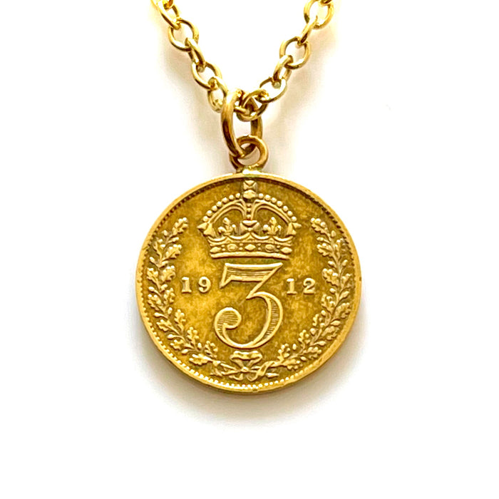 1912 British Three Pence Coin Necklace with 18ct gold plating