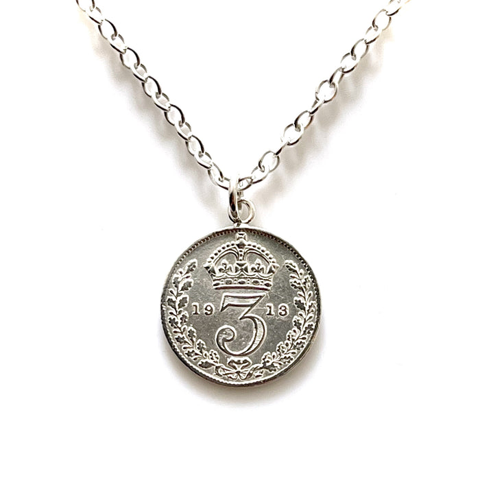1913 British Silver Three Pence Coin Necklace by Roberts & Co