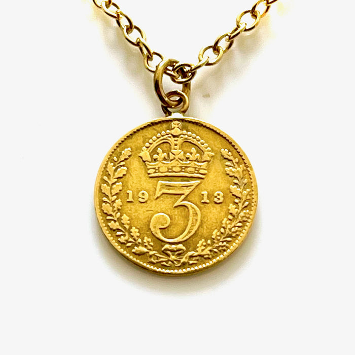 Antique 1913 British 18ct Gold Plated Three Pence Coin Necklace